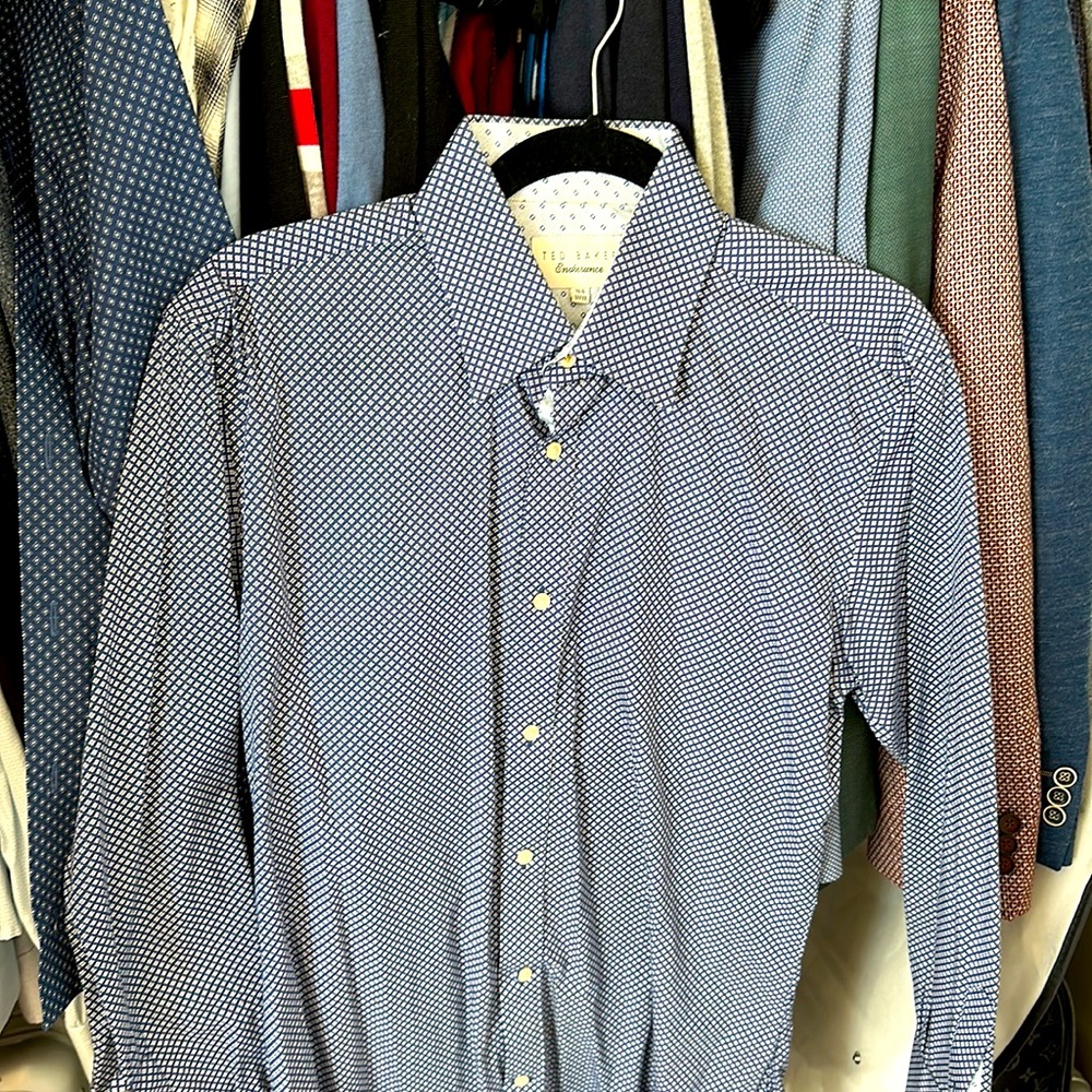 Ted Baker Mens Button-Up Shirt Navy Polka Dot Long Sleeve Collar 15.5 32/33